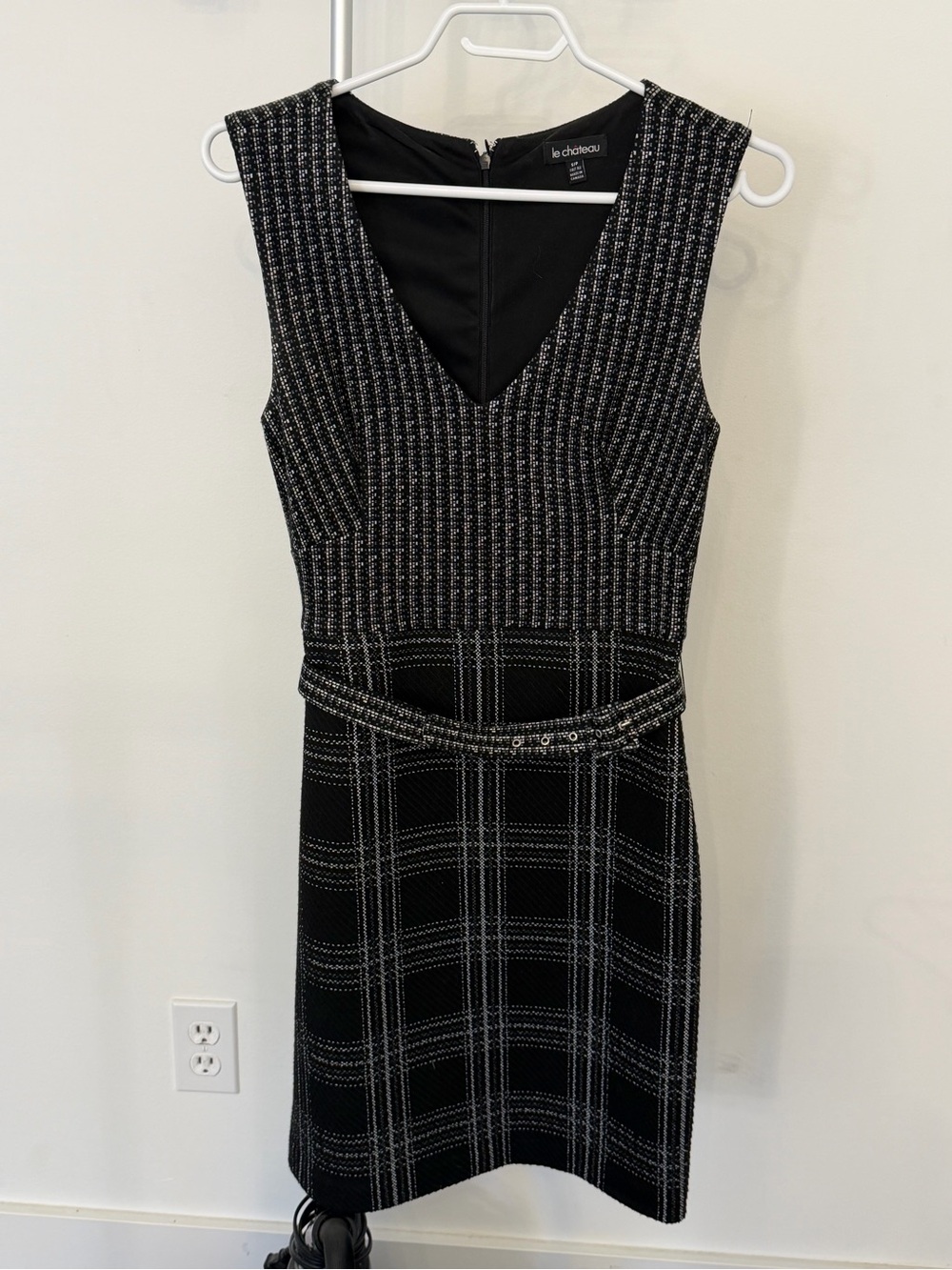 le chateau Black & Silver V-Neck Tweed Sheath Dress with Belt Detail